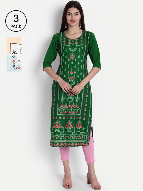

7Threads Women Pack Of 3 Digital Print Straight Crepe Kurta, Multi