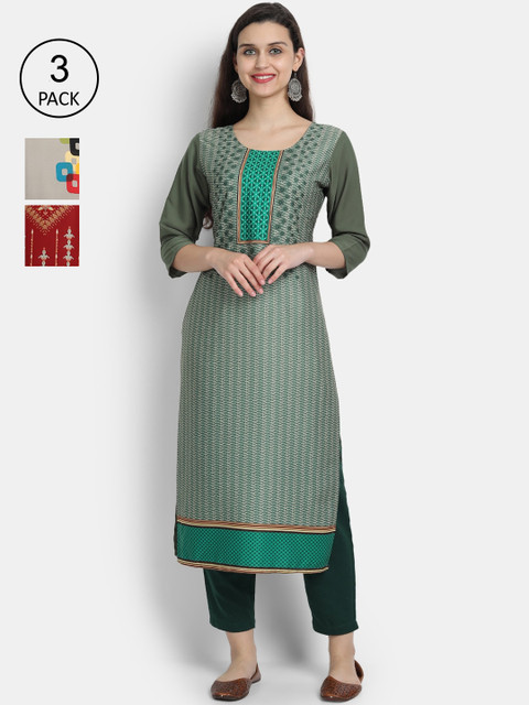 

7Threads Women Pack Of 3 Kurtas, Green