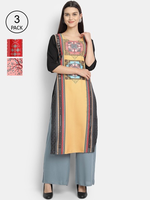 

7Threads Women Pack Of 3 Multicoloured Ethnic Motifs Printed Crepe Kurta, Multi