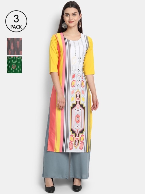 

7Threads Women Multicoloured, Green & Grey Ethnic Motifs Printed Set of 3 Crepe Kurta, Multi