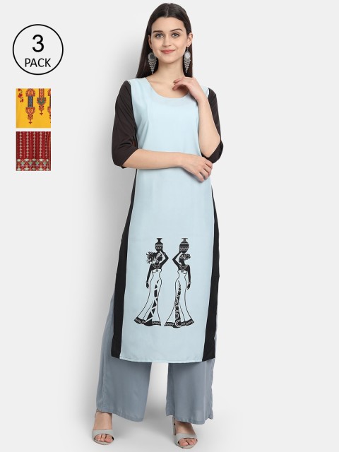 

7Threads Women Pack Of 3 Digital Print Straight Crepe Kurta, Multi