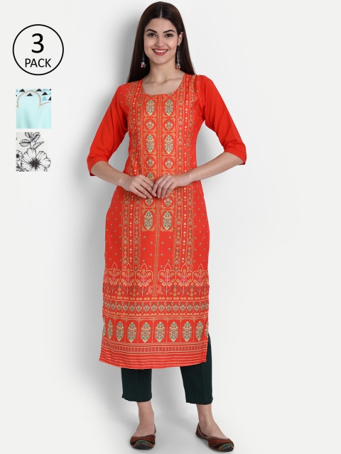 

7Threads Women Pack Of 3 Digital Print Straight Crepe Kurta, Multi