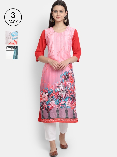 

7Threads Women Pack Of 3 Multicoloured Ethnic Motifs Printed Crepe Kurta, Multi