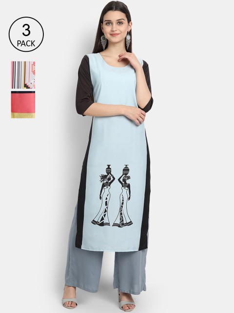

7Threads Women Blue, Yellow & Navy Blue Geometric Printed Set of 3 Crepe Kurta