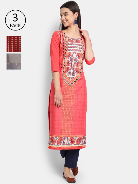 

7Threads Women Pack Of 3 Digital Print Straight Crepe Kurta, Multi