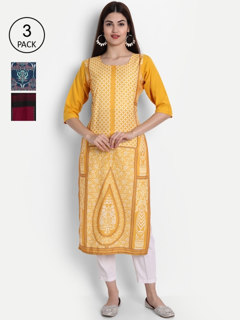 

7Threads Women Pack Of 3 Kurtas, Yellow