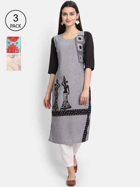 7Threads Women Grey, Beige & White Ethnic Motifs Printed Set of 3 Crepe Kurta
