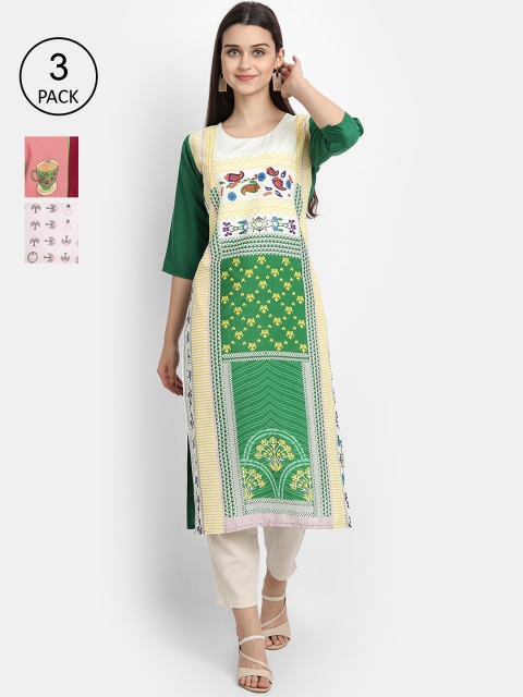

7Threads Women Pack Of 3 Digital Print Straight Crepe Kurta, Multi