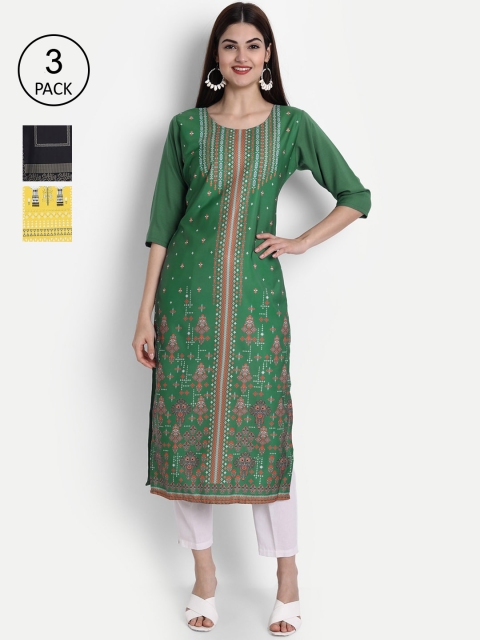 

7Threads Women Pack Of 3 Kurtas, Green
