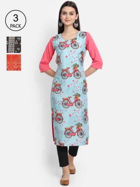

7Threads Women Pack Of 3 Multicoloured Printed Crepe Kurta, Multi