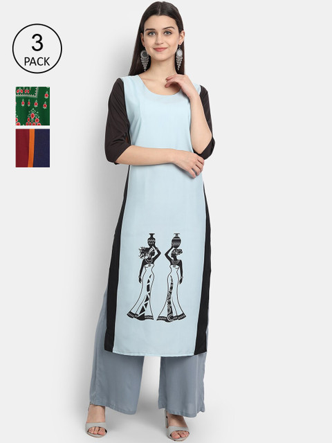 

7Threads Women Blue, Red & Green Ethnic Motifs Printed Set of 3 Crepe Kurta
