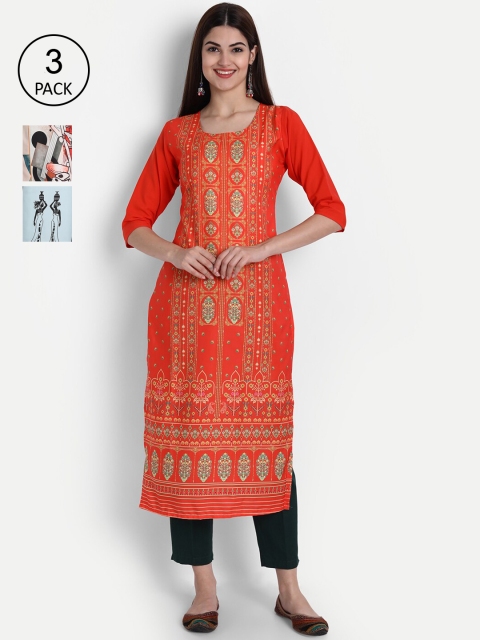

7Threads Women Multicoloured Ethnic Motifs Printed Crepe Kurta Set Of 3, Multi