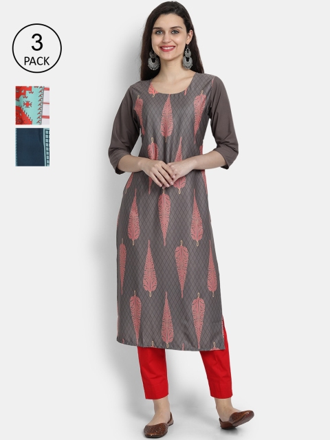 

7Threads Women Pack Of 3 Kurtas, Grey