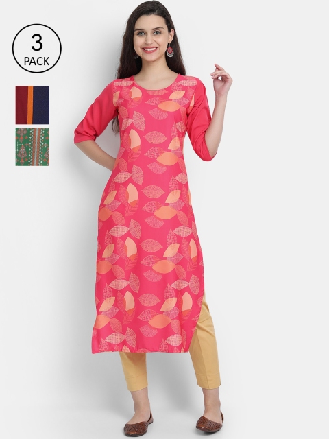 

7Threads Women Pack OF 3 Multicoloured Ethnic Motifs Printed Crepe Kurta, Multi