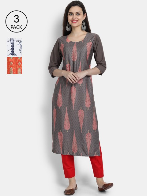 

7Threads Women Brown, Red & Blue Ethnic Motifs Printed Set of 3 Crepe Kurta