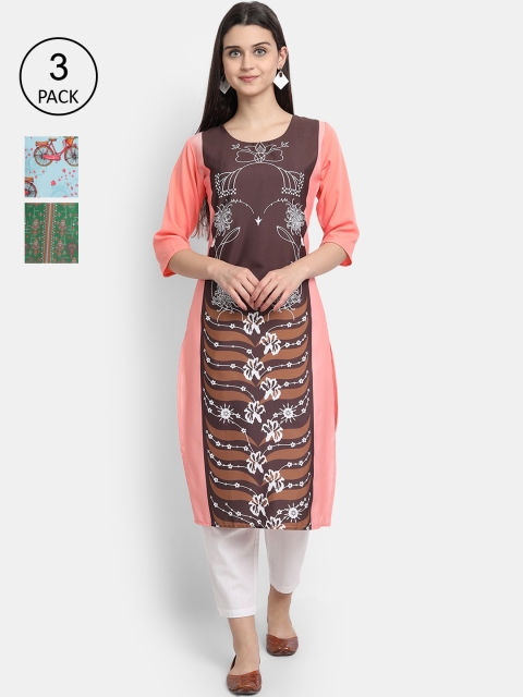 

7Threads Women Pack Of 3 Digital Print Straight Crepe Kurta, Multi