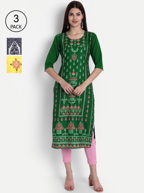 

7Threads Women Pack Of 3 Multicoloured Ethnic Motifs Printed Crepe Kurta, Multi