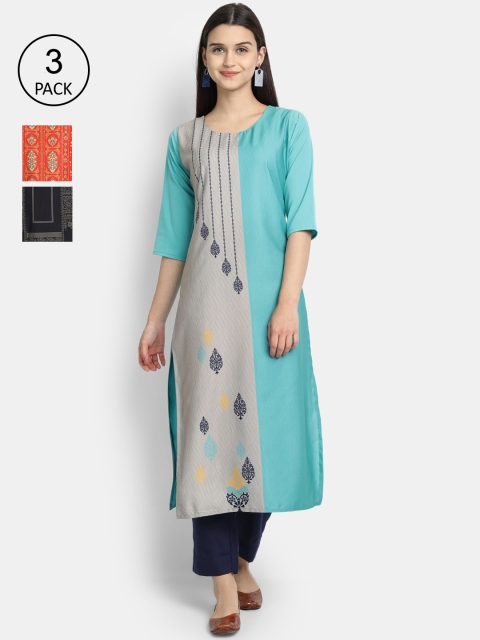 

7Threads Women Blue, Black & Red Printed Set of 3 Crepe Kurta