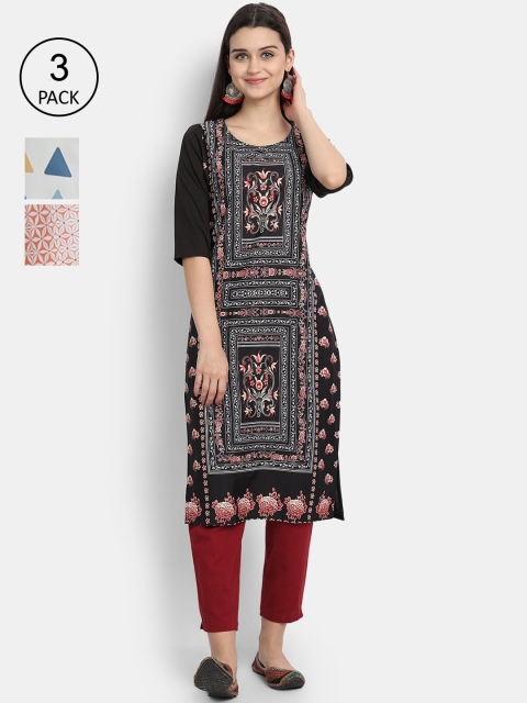 

7Threads Women Pack Of 3 Digital Print Straight Crepe Kurta, Multi