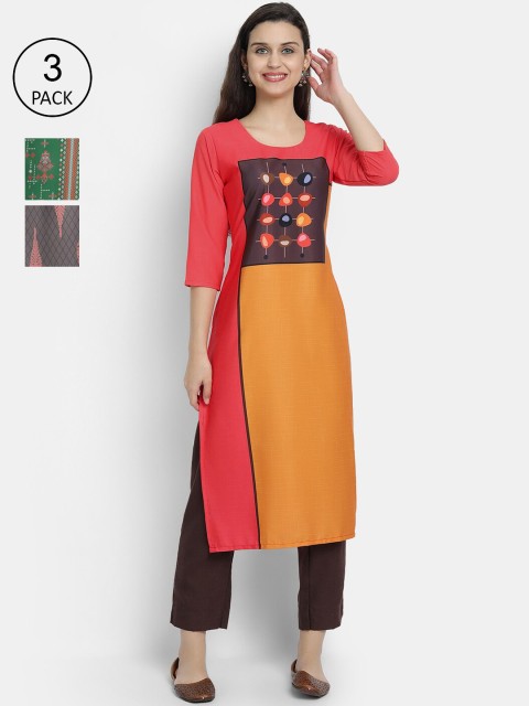 

7Threads Women Pack Of 3 Multicoloured Ethnic Motifs Printed Crepe Kurta, Multi