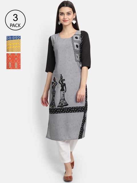 

7Threads Women Pack Of 3 Digital Print Straight Crepe Kurta, Multi