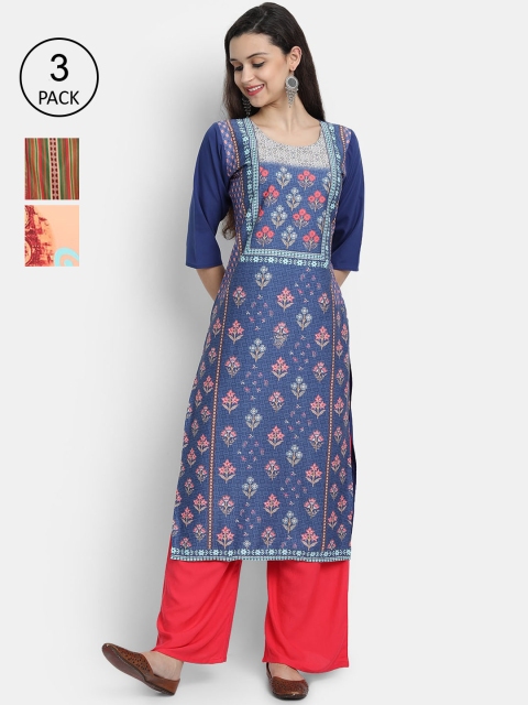 

7Threads Women Pack Of 3 Digital Print Straight Crepe Kurta, Multi