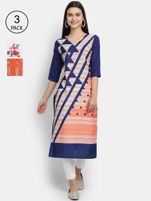 

7Threads Women Pack Of 3 Multicoloured Geometric Printed Crepe Kurta, Multi