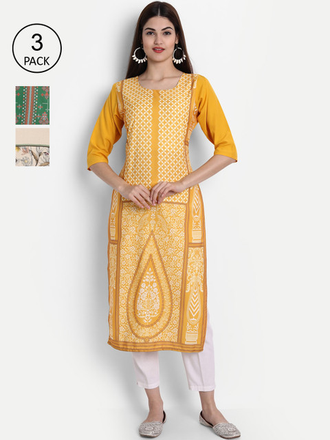 

7Threads Women Pack Of 3 Kurtas, Yellow