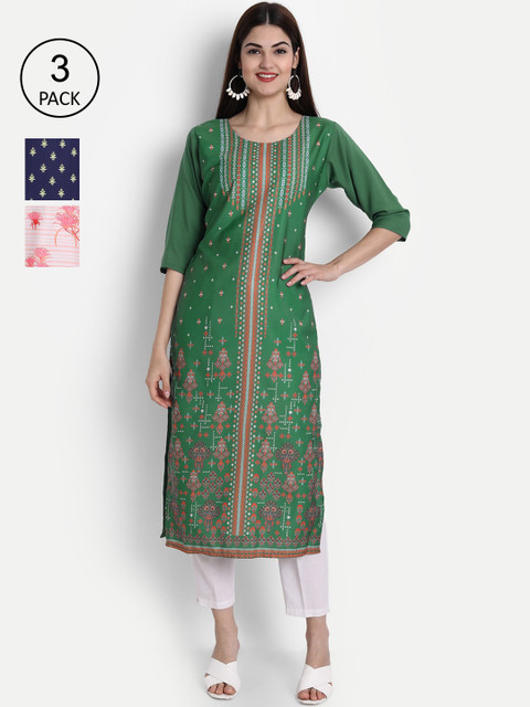 

7Threads Women Green, White & Blue Ethnic Motifs Printed Set of 3 Crepe Kurta