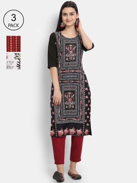 

7Threads Women Pack Of 3 Multicoloured Ethnic Motifs Printed Crepe Kurta, Multi