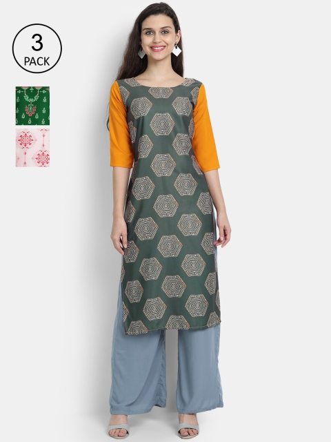 

7Threads Women Green, White & Grey Ethnic Motifs Printed Set of 3 Crepe Kurta