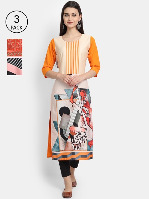 

7Threads Women Pack Of 3 Digital Print Straight Crepe Kurta, Multi