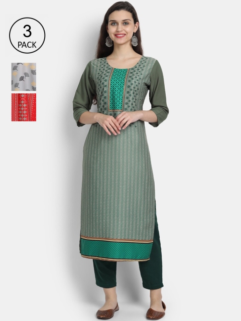 

7Threads Women Pack Of 3 Digital Print Straight Crepe Kurta, Multi