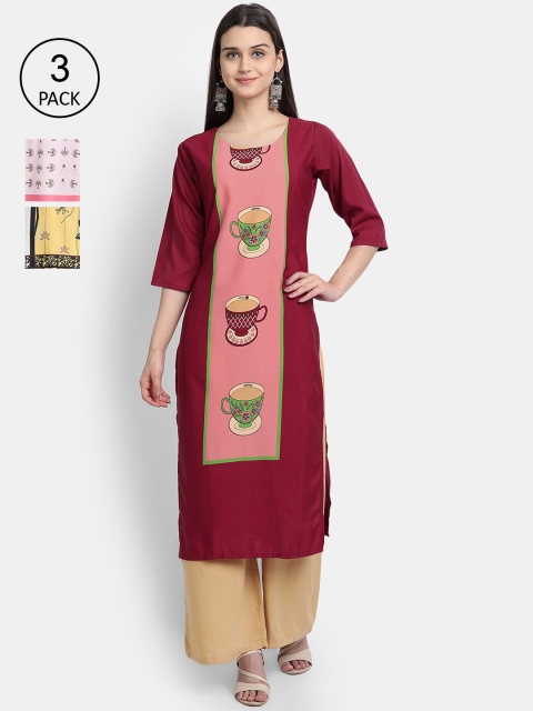 

7Threads Women Maroon, White & Yellow Quirky Printed Set of 3 Crepe Kurta