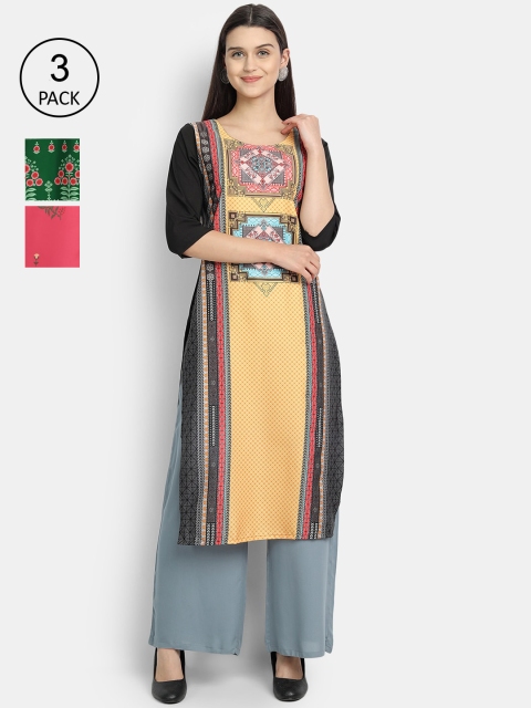 

7Threads Women Pack Of 3 Kurtas, Yellow