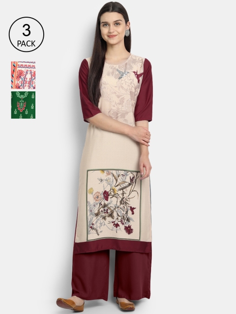 

7Threads Women Pack Of 3 Digital Print Straight Crepe Kurta, Multi