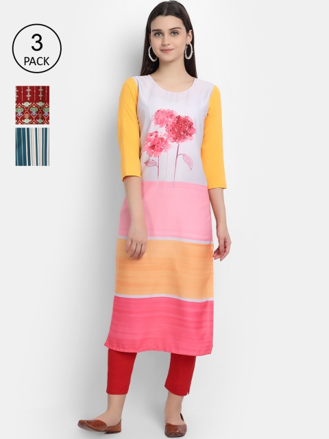 

7Threads Women Pack Of 3 Kurtas, Yellow