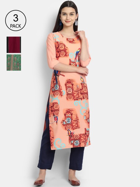 

7Threads Women Pack Of 3 Multicoloured Ethnic Motifs Printed Crepe Kurta, Multi