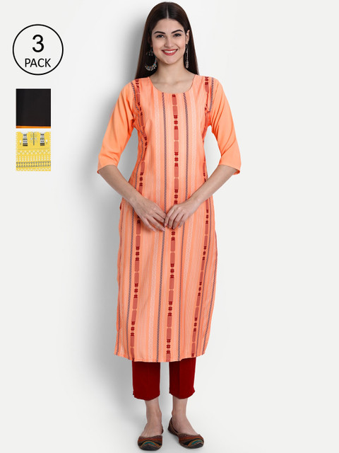 

7Threads Women Orange, Black & Yellow Ethnic Motifs Printed Set of 3 Crepe Kurta