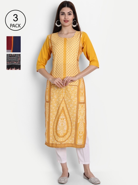 

7Threads Women Pack Of 3 Digital Print Straight Crepe Kurta, Multi