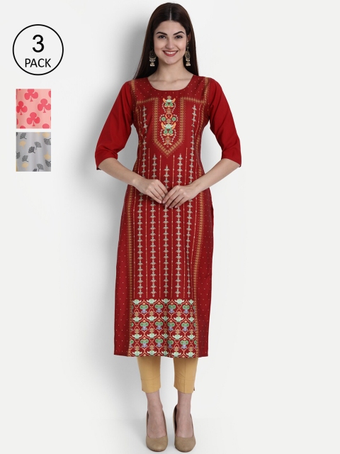 

7Threads Women Pack Of 3 Multicoloured Ethnic Motifs Printed Crepe Kurta, Multi