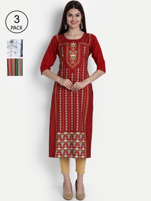 

7Threads Women Multicoloured, Maroon & Blue Printed Set of 3 Crepe Kurta, Multi