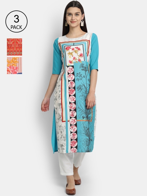 

7Threads Women Pack Of 3 Multicoloured Ethnic Motifs Printed Crepe Kurta, Multi