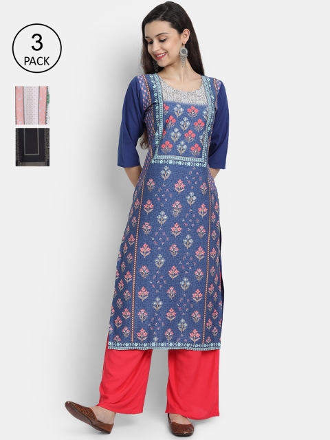 

7Threads Women Blue, Black & White Ethnic Motifs Printed Set of 3 Crepe Kurta