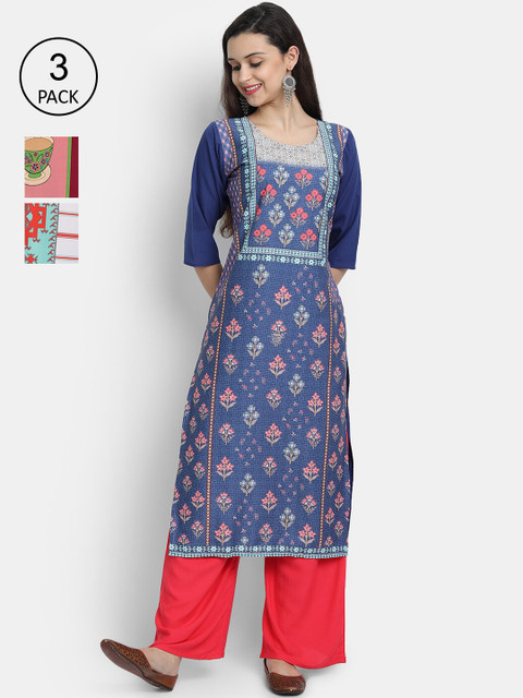 

7Threads Women Pack Of 3 Digital Print Straight Crepe Kurta, Multi