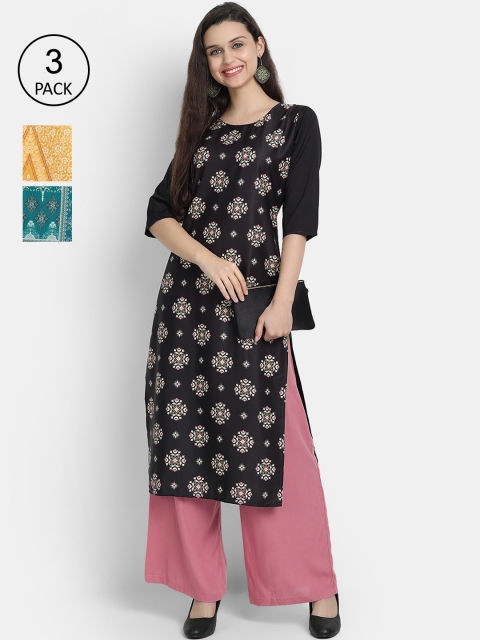 

7Threads Women Pack Of 3 Kurtas, Black