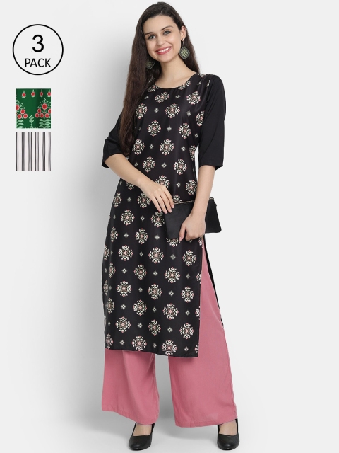 

7Threads Women Pack Of 3 Multicoloured Ethnic Motifs Printed Crepe Kurta, Multi