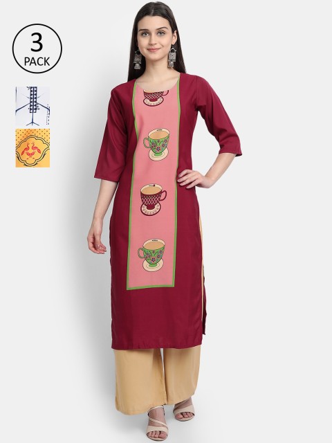 

7Threads Women Maroon, Blue & Yellow Ethnic Motifs Printed Set of 3 Crepe Kurta