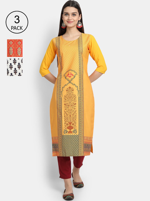 

7Threads Women Pack Of 3 Digital Print Straight Crepe Kurta, Multi