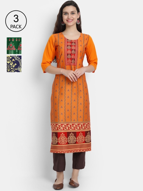 

7Threads Women Mustard, Navy Blue & Green Ethnic Motifs Printed Set of 3 Crepe Kurta